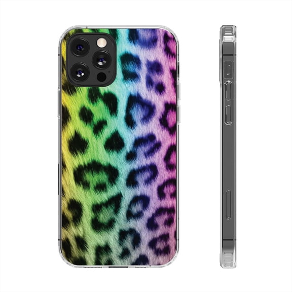 DistinctInk Clear Hybrid Case for Apple iPhone 12 Pro (6.1" Screen) - Rainbow Leopard Cheetah Fur Print - Raised Bezel Screen Guard