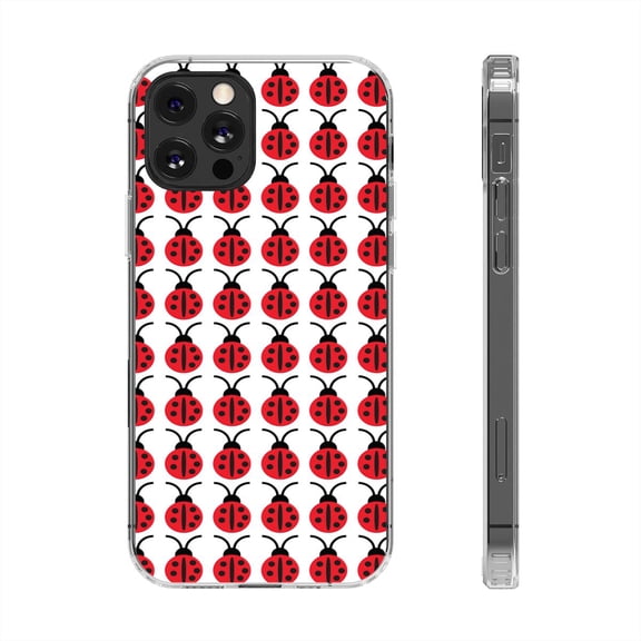 DistinctInk Clear Hybrid Case for Apple iPhone 12 Pro (6.1" Screen) - Red White Black Lady Bugs - Shockproof Protection
