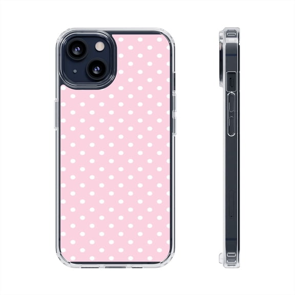 Clear Hybrid Shockproof Case for Apple iPhone 12 - Pink White Polka Dot Design Retro Charm