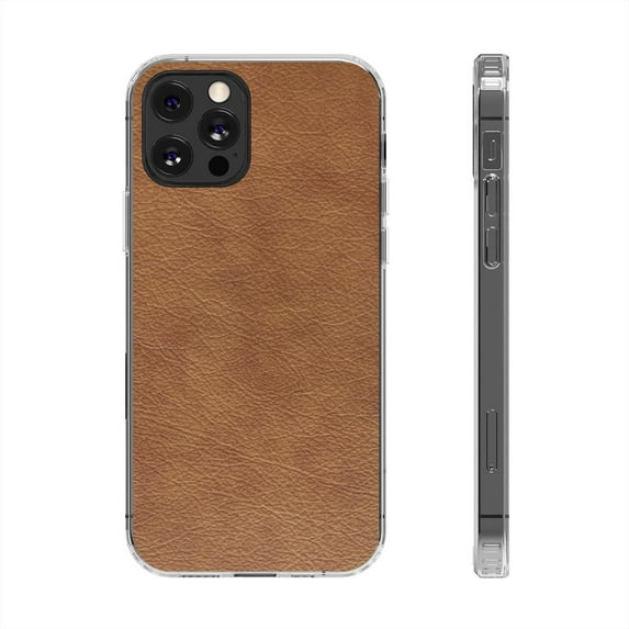 DistinctInk Clear Hybrid Case for Apple iPhone 12 Pro Max (6.7" Screen) - Printed Faux Leather Image - Tempered Glass Back