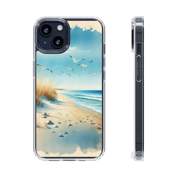 DistinctInk Clear Hybrid Case for Apple iPhone 12 (6.1" Screen) - Seaside Calm Watercolor Art Scene - Lightweight Grip