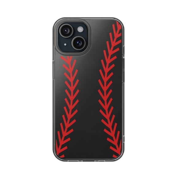DistinctInk Clear Hybrid Case for Apple iPhone 13 (6.1" Screen) - Red Baseball Stitching - Tempered Glass Back