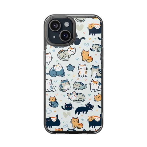 DistinctInk Clear Hybrid Case for Apple iPhone 13 (6.1" Screen) - Cute Cartoon Cat Pattern Fun and Playful - Raised Bezel Screen Guard