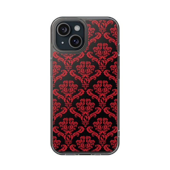 Clear Hybrid Shockproof Case for Apple iPhone 13 - Elegant Red Damask on Black Background