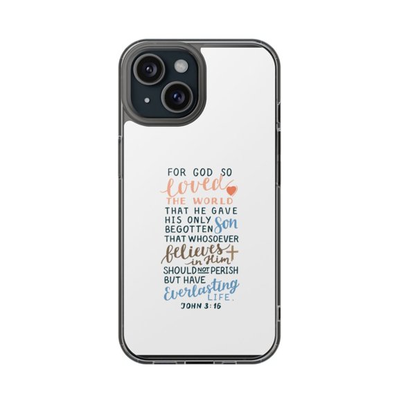 DistinctInk Clear Hybrid Case for Apple iPhone 13 (6.1" Screen) - For God So Loved The World - Raised Bezel Screen Guard