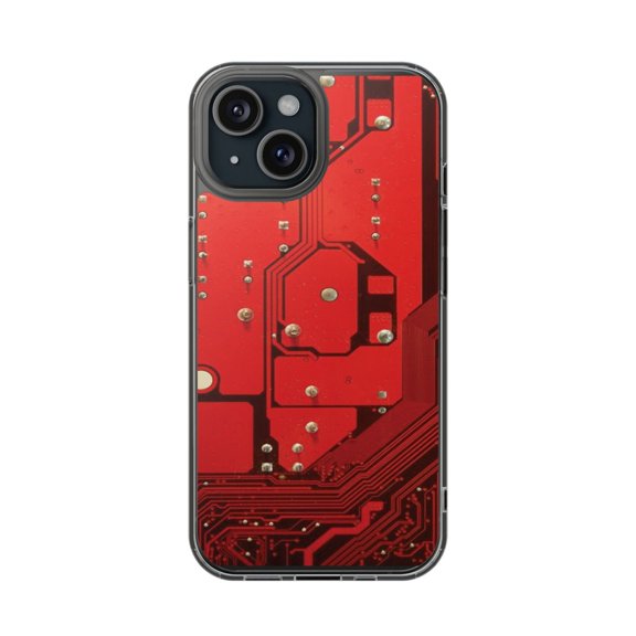 Clear Hybrid Shockproof Case for Apple iPhone 13 - Futuristic Red Circuit Design