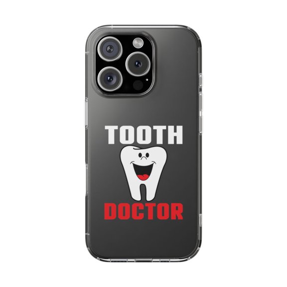 DistinctInk Clear Hybrid Case for Apple iPhone 13 Pro (6.1" Screen) - Tooth Doctor Dentist - Tempered Glass Back