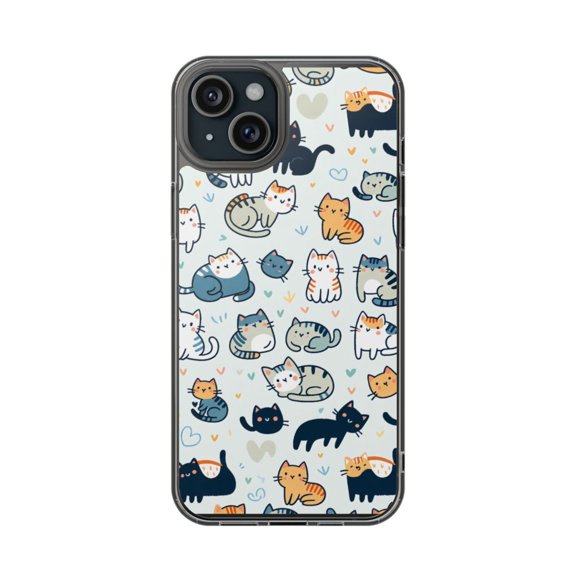 DistinctInk Clear Hybrid Case for Apple iPhone 14 Plus (6.7" Screen) - Cute Cartoon Cat Pattern Fun and Playful - Lightweight Grip