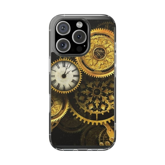 DistinctInk Clear Hybrid Case for Apple iPhone 14 Pro (6.1" Screen) - Clocks Clockwork Gold - Wireless Charging Compatible