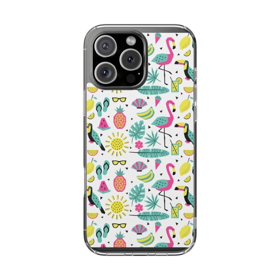 DistinctInk Clear Hybrid Case for Apple iPhone 14 Pro Max (6.7" Screen) - Flamingo Pineapple Sun Glasses - Wireless Charging Compatible