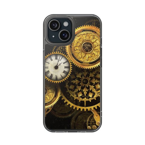 DistinctInk Clear Hybrid Case for Apple iPhone 15 (6.1" Screen) - Clocks Clockwork Gold - Slim Profile Design