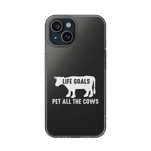 DistinctInk Clear Hybrid Case for Apple iPhone 15 (6.1" Screen) - Life Goals, Pet All The Cows - Tempered Glass Back