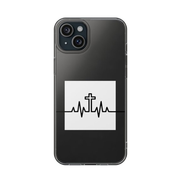 DistinctInk Clear Hybrid Case for Apple iPhone 15 Plus (6.7" Screen) - Heartbeat Cross Sinus Rhythm - Tempered Glass Back