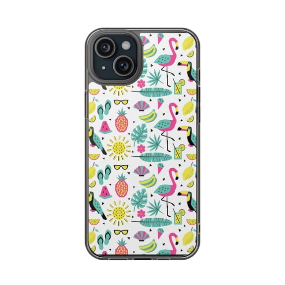 DistinctInk Clear Hybrid Case for Apple iPhone 15 Plus (6.7" Screen) - Flamingo Pineapple Sun Glasses - Wireless Charging Compatible