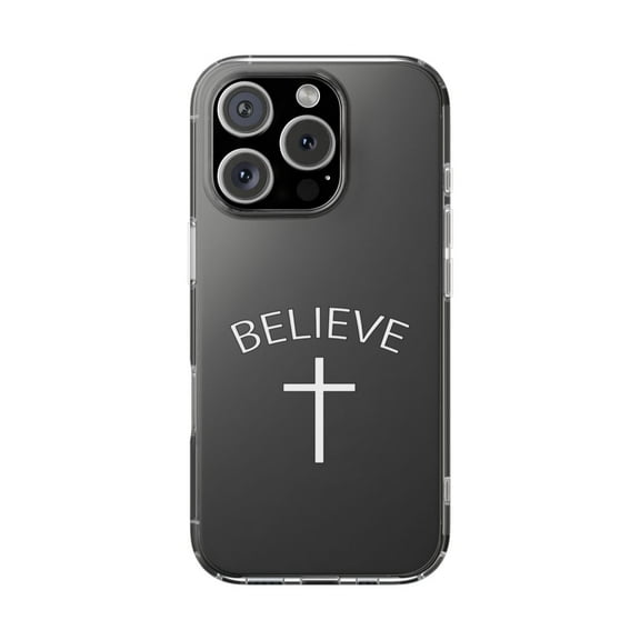 Clear Hybrid Shockproof Case for Apple iPhone 15 PRO - Believe Cross Christian Faith Design
