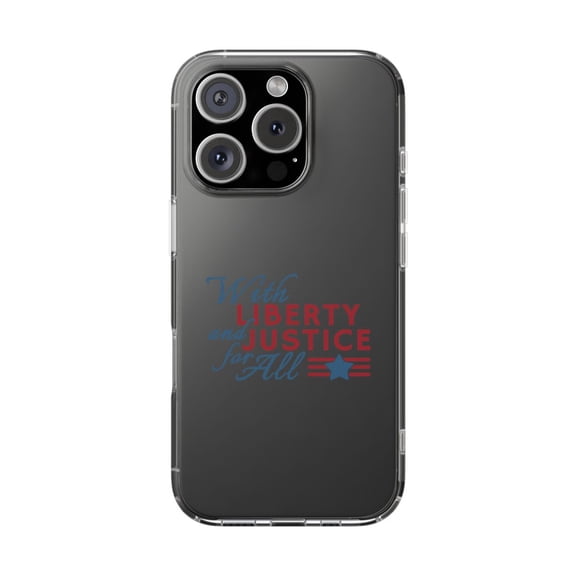 DistinctInk Clear Hybrid Case for Apple iPhone 15 Pro (6.1" Screen) - With Liberty and Justice For All - Wireless Charging Compatible