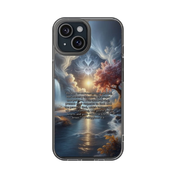 DistinctInk Clear Hybrid Case for Apple iPhone 15 (6.1" Screen) - Peace of God Transcends All Understanding - Lightweight Grip