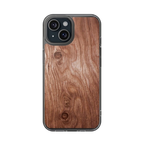 DistinctInk Clear Hybrid Case for Apple iPhone 15 (6.1" Screen) - Printed Wood Grain Image - Tempered Glass Back