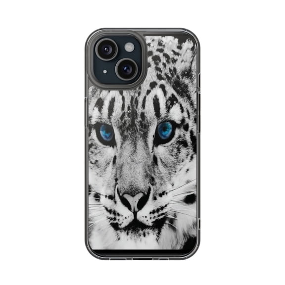 Clear Hybrid Shockproof Case for Apple iPhone 15 - Snow Leopard Stunning Blue Eyes
