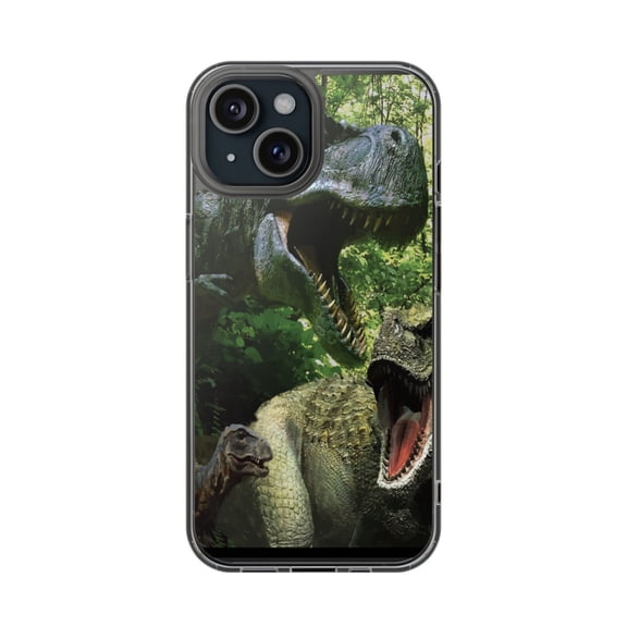 DistinctInk Clear Hybrid Case for Apple iPhone 15 (6.1" Screen) - T-Rex Dinosaurs Raptor - Tempered Glass Back
