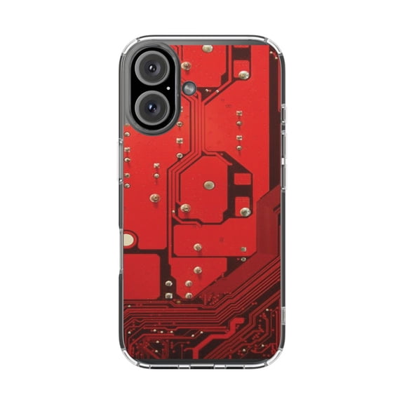 Clear Hybrid Shockproof Case for Apple iPhone 16 - Futuristic Red Circuit Design