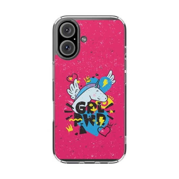 DistinctInk Clear Hybrid Case for Apple iPhone 16 (6.1" Screen) - Unicorn Hearts Graffiti - Shockproof Protection