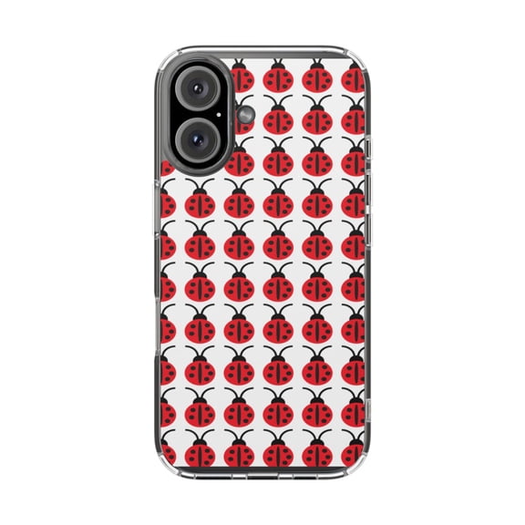 DistinctInk Clear Hybrid Case for Apple iPhone 16 (6.1" Screen) - Red White Black Lady Bugs - Lightweight Grip