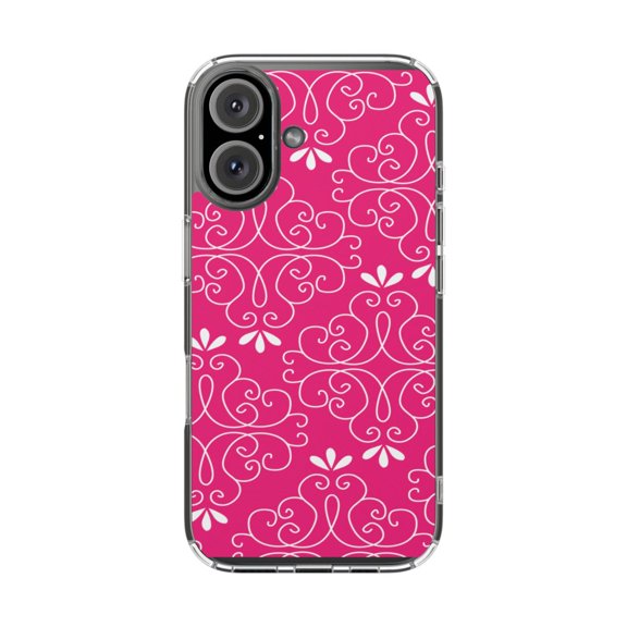 Clear Hybrid Shockproof Case for Apple iPhone 16 - Neon Pink White Swirl Floral Pattern