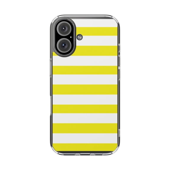 DistinctInk Clear Hybrid Case for Apple iPhone 16 Plus (6.7" Screen) - Yellow & White Bold Horizontal Stripes - Wireless Charging Compatible