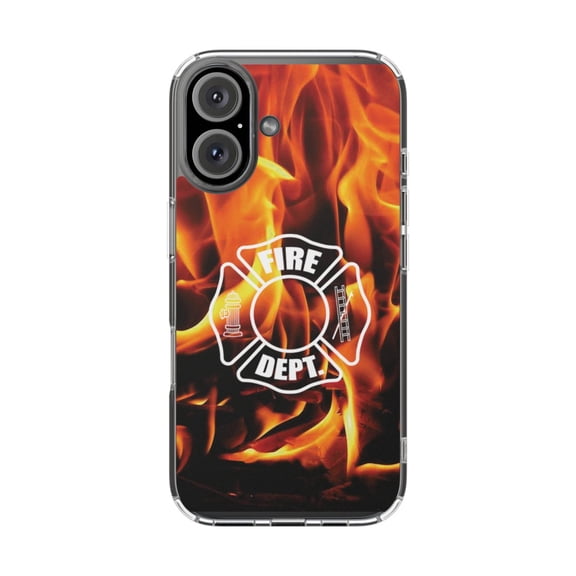 Clear Hybrid Shockproof Case for Apple iPhone 16 PLUS - Fire Dept Maltese Cross Flames Design