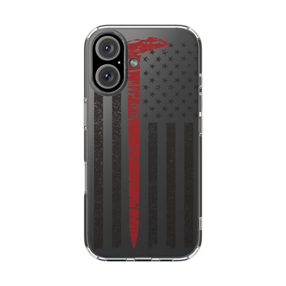 DistinctInk Clear Hybrid Case for Apple iPhone 16 Plus (6.7" Screen) - Weathered Red Axe US Flag Design - Wireless Charging Compatible