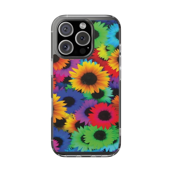 DistinctInk Clear Hybrid Case for Apple iPhone 16 Pro (6.3" Screen) - Red Green Yellow Sunflowers - Wireless Charging Compatible