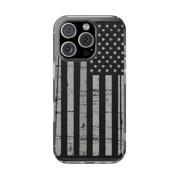 Clear Hybrid Shockproof Case for Apple iPhone 16 PRO - Distressed Black and Grey US Flag Design