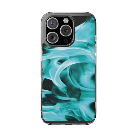 Clear Hybrid Shockproof Case for Apple iPhone 16 PRO - Teal and Black Abstract Flame Design
