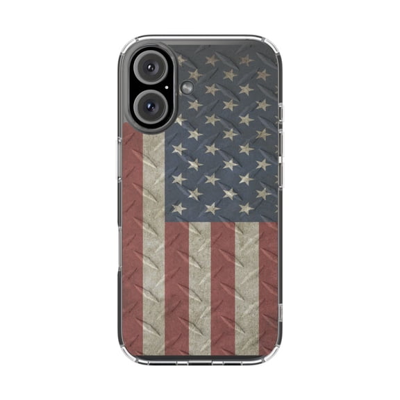 Clear Hybrid Shockproof Case for Apple iPhone 16 - Patriotic US Flag on Steel Background
