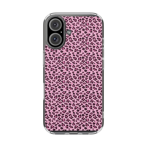 DistinctInk Clear Hybrid Case for Apple iPhone 16 (6.1" Screen) - Black Pink Leopard Skin Spots - Slim Profile Design