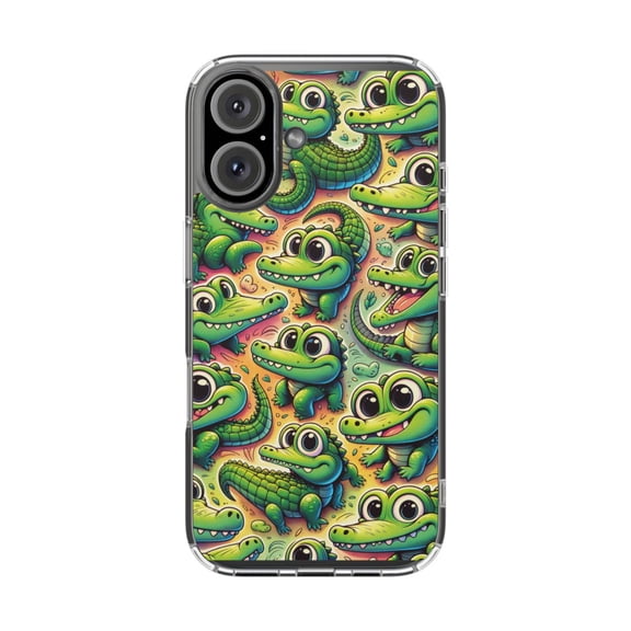 DistinctInk Clear Hybrid Case for Apple iPhone 16 (6.1" Screen) - Playful Alligator Adventure Pattern - Slim Profile Design