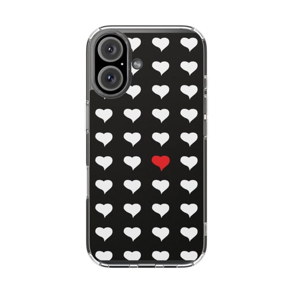 DistinctInk Clear Hybrid Case for Apple iPhone 16 (6.1" Screen) - Red White Black Repeating Hearts - Shockproof Protection