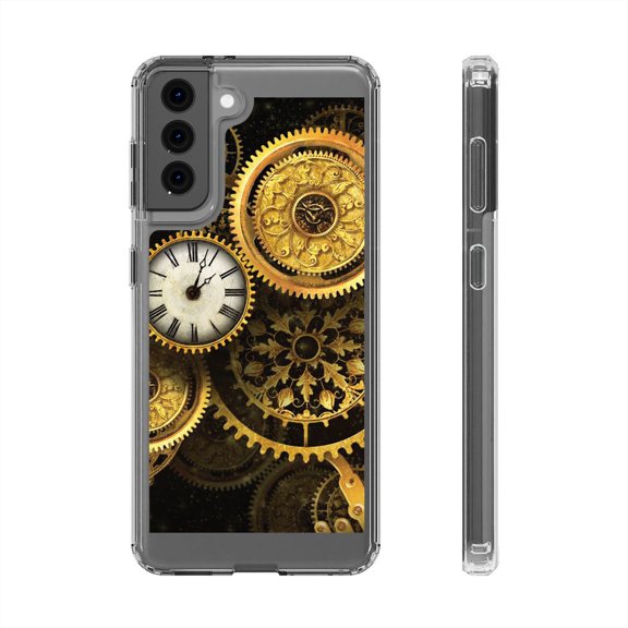 DistinctInk Clear Hybrid Case for Samsung Galaxy S21 (6.2" Screen) - Clocks Clockwork Gold - Shockproof Protection