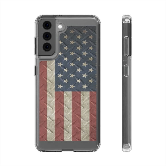 Clear Hybrid Shockproof Case for Samsung Galaxy S21 - Patriotic US Flag on Steel Background