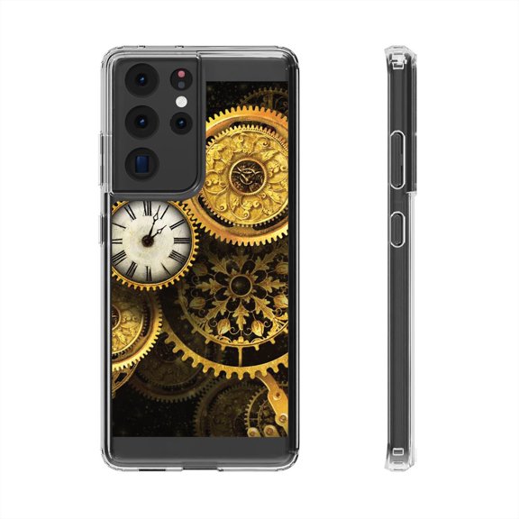 DistinctInk Clear Hybrid Case for Samsung Galaxy S21 Ultra (6.8" Screen) - Clocks Clockwork Gold - Tempered Glass Back