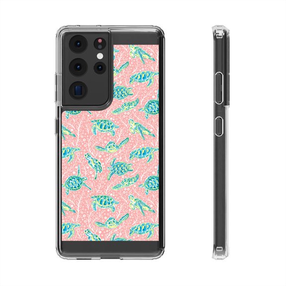 DistinctInk Clear Hybrid Case for Samsung Galaxy S21 Ultra (6.8" Screen) - Turtles on Pink Background - Slim Profile Design