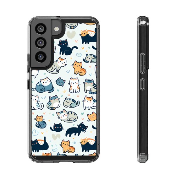 DistinctInk Clear Hybrid Case for Samsung Galaxy S22 (6.1" Screen) - Cute Cartoon Cat Pattern Fun and Playful - Wireless Charging Compatible