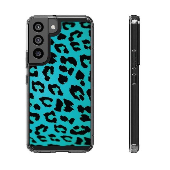 DistinctInk Clear Hybrid Case for Samsung Galaxy S22 Plus (6.6" Screen) - Teal Black Leopard Skin Spots - Lightweight Grip