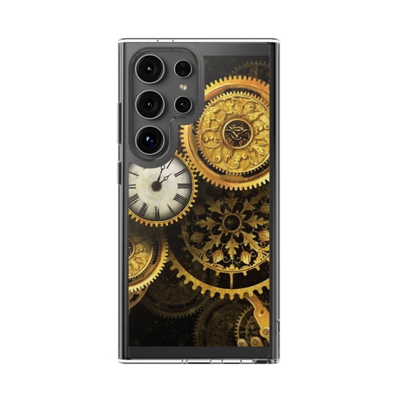 DistinctInk Clear Hybrid Case for Samsung Galaxy S23 Ultra (6.8" Screen) - Clocks Clockwork Gold - Raised Bezel Screen Guard
