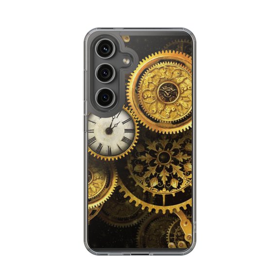 DistinctInk Clear Hybrid Case for Samsung Galaxy S24 Plus (6.7" Screen) - Clocks Clockwork Gold - Raised Bezel Screen Guard