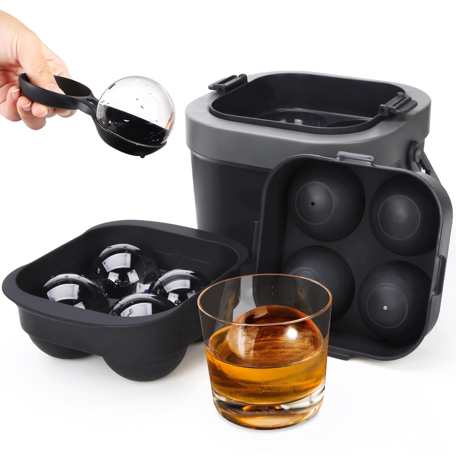 Ocalpur Clear Ice Ball Maker Mold, 4×2.4" Round Ice Balls, Silicone Tray with Lid, Easy Release for Whiskey, Black