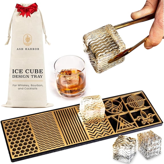 Clear Ice Cube Maker Design Tray - Craft Modern Ice Molds for Bourbon & Cocktails in 5 Seconds - Whiskey Mold Cube Stamp Bartender Accessories - Copper Ice Press Cocktails by (Patterns)