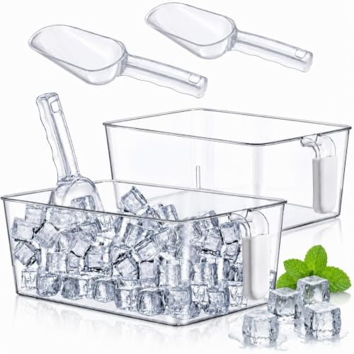 Clear Ice Storage Bin Bucket with Flexible Scoop for Freezer, Plastic Ice Box Holder with Pull-Out Handle, Kitchen Container for Ice Cubes, Gray, 10.83 x 7 x 4.33 Inches, Set of 2