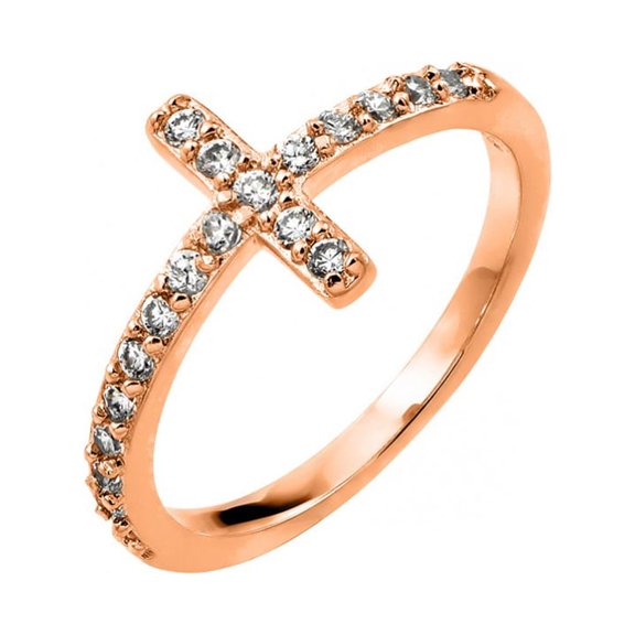 Clear Inlay Cubic Zirconia Sideway Cross Ring Rose Gold-Tone Plated Sterling Silver Size 5